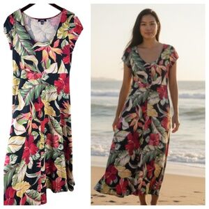 Chaps Ralph Lauren Maxi Midi Dress Sz Large 12 14 Tropical Floral Black Resort